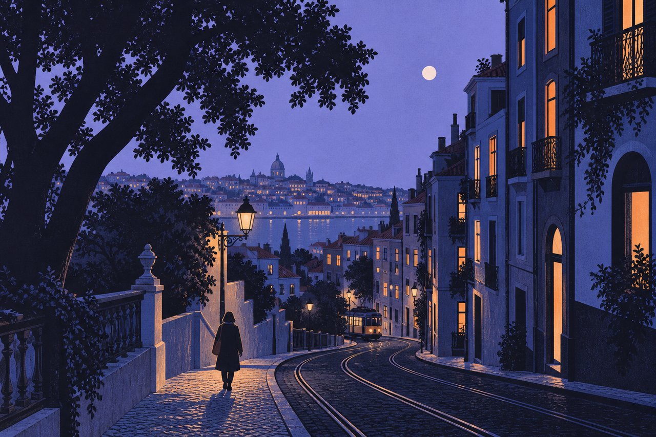 An illustrated city at blue hour: lit windows, curving tram tracks, and a solitary walker.